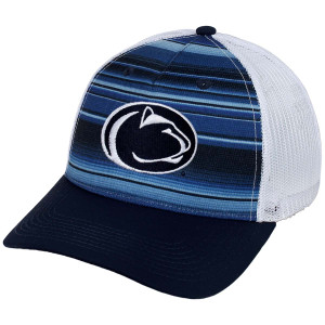 trucker hat with blue stripes on front with embroidered Penn State Athletic Logo, navy brim, white mesh back